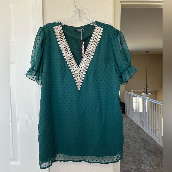 Zeagoo Teal Blouse with Beige Lace Detail - Picture 1 of 10